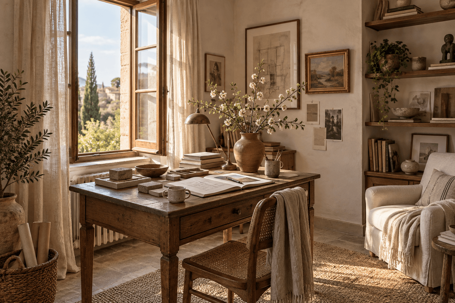 AI-generated interior study: a sunlit walnut desk, linen curtains, material samples and flowering branches in a welcoming creative corner.