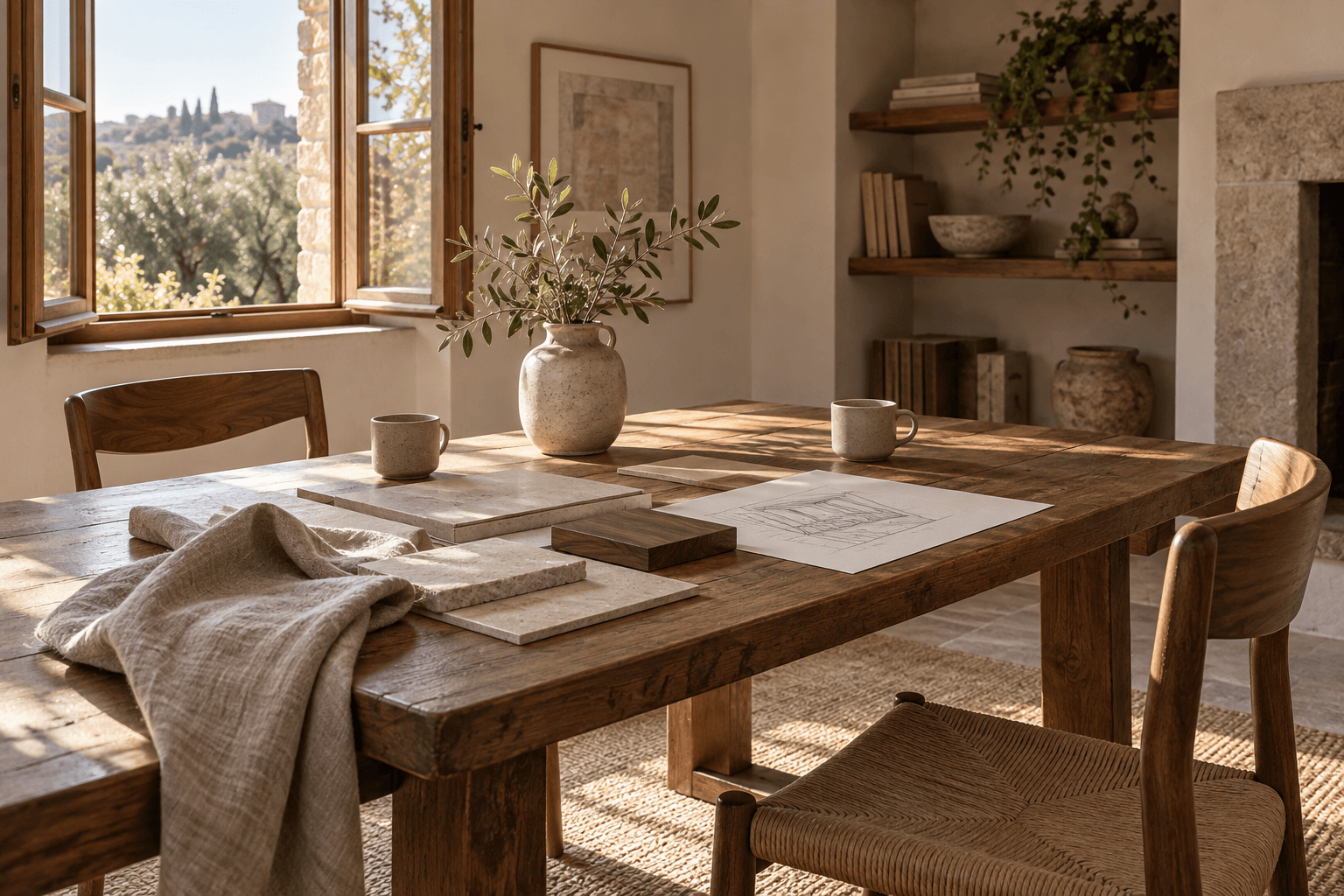 AI-generated collaboration study: two timber chairs beside a sunlit worktable with linen, limestone and walnut samples, a drawing and ceramic cups.