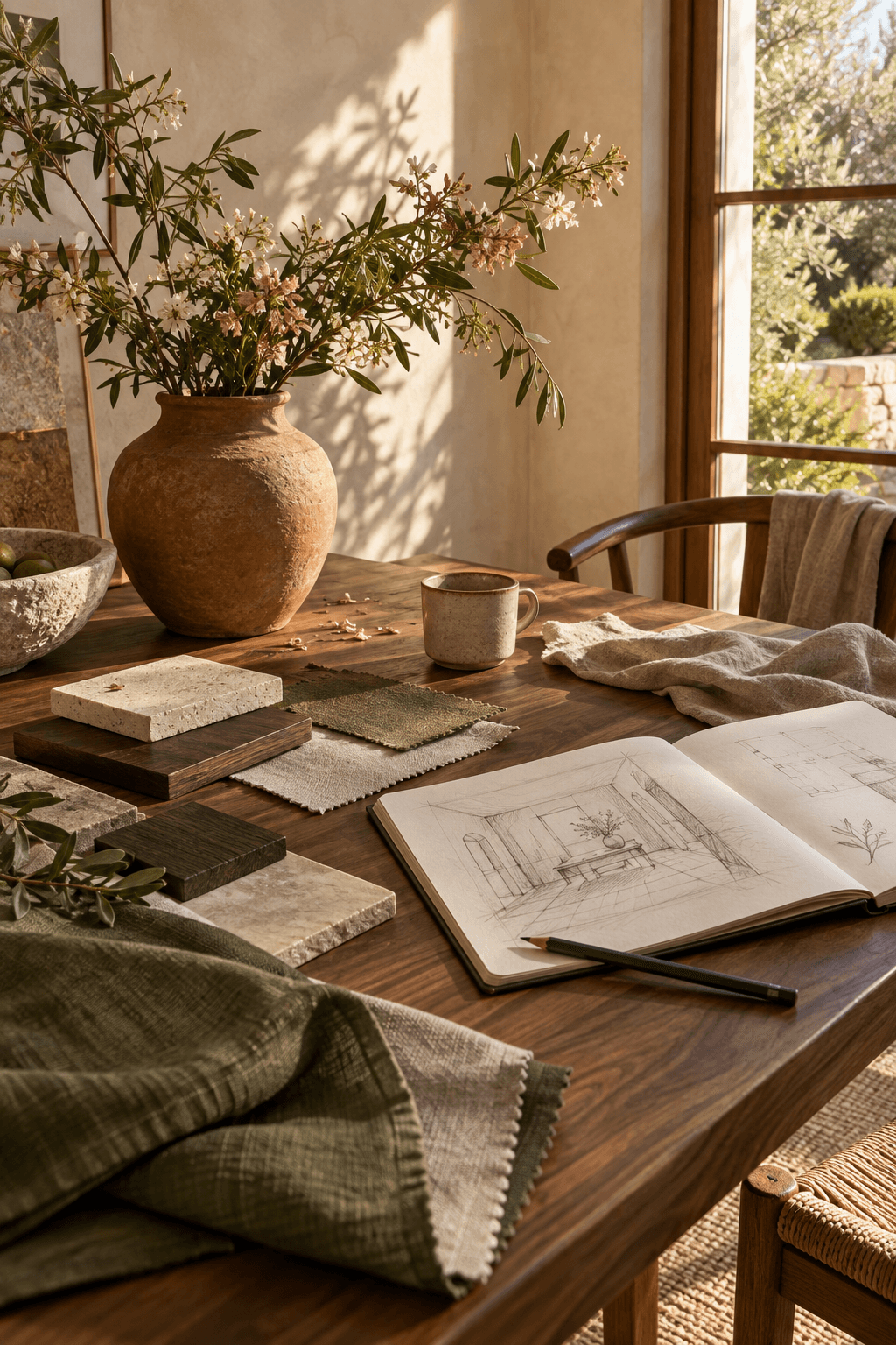 AI-generated material study: linen, olive fabric, stone and walnut samples beside a sketchbook and flowering branches on a sunlit table.