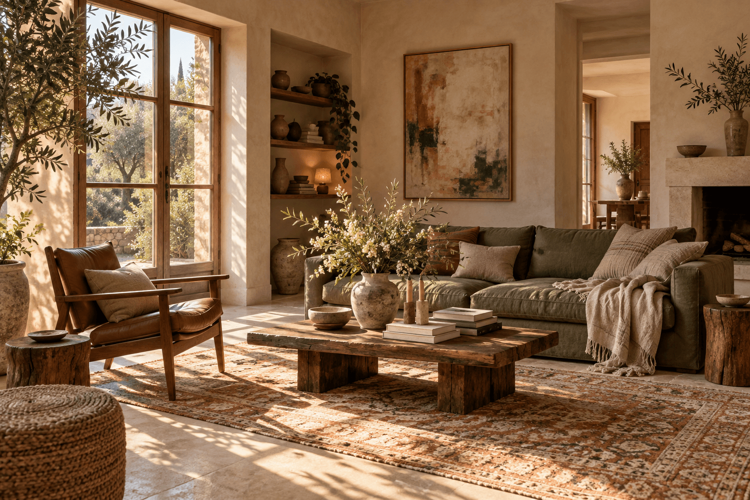 AI-generated interior study: sunlight falls across an olive linen sofa, a terracotta patterned rug and a timber coffee table with flowering branches.
