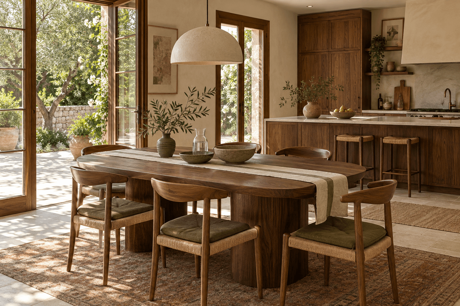 AI-generated interior study: a walnut dining table, woven chairs and olive cushions beside a warm timber kitchen opening onto a sunlit garden.